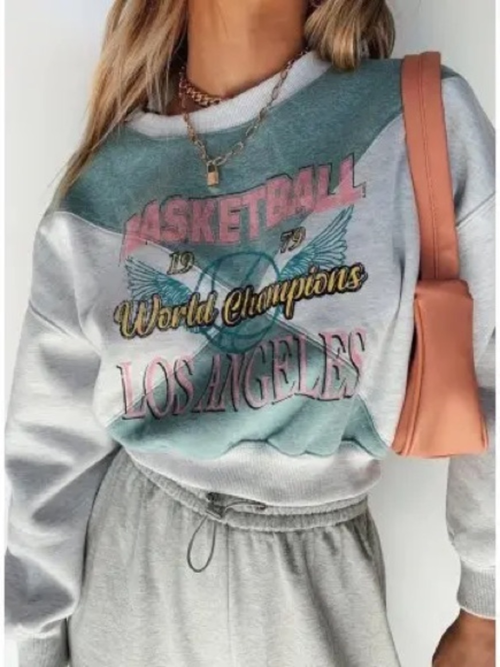 Princess Polly Los Angeles Graphic Pullover Sweatshirt - Light Gray & Teal